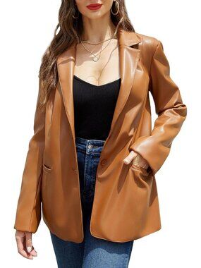 Women's Faux Leather Blazer Jacket Vegan Pleather Brown Lapel Button Down Coat